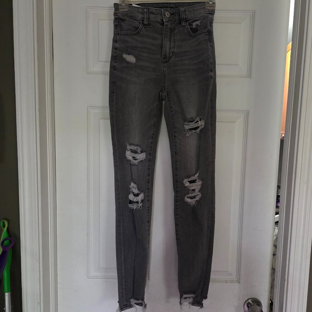 American Eagle AE Black Denim Raw Hem Distressed Next Level Stretch Jeans Size 0